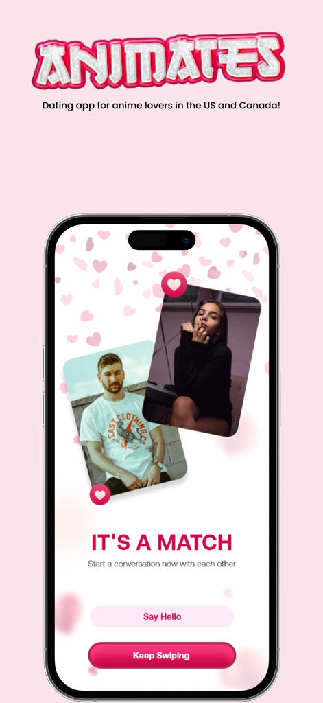 Animates.io - Animates anime dating app interface showing a match between two users with profile photos and interaction buttons