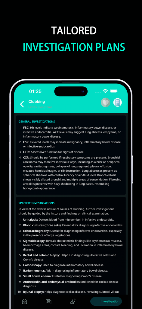 A mobile screen showing general and specific medical investigation plans for the clinical symptom of clubbing within the Differential Diagnosis app