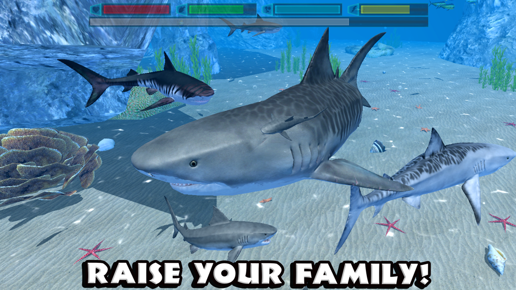 Ultimate Shark Simulator - Un grupo de tiburones nadando juntos en un entorno submarino en 3D con el texto Cría a tu familia.