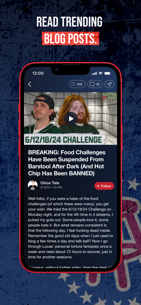 A smartphone screen displaying a trending blog post on the Barstool Sports app.