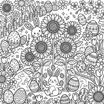 Immerse yourself in the joy of spring with this charming Easter coloring page, where vibrant sunflower fields meet playful bunnies and beautifully decorated eggs. A perfect blend of nature's beauty and festive cheer awaits your creative touch.