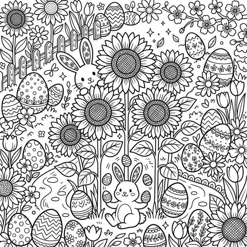 Immerse yourself in the joy of spring with this charming Easter coloring page, where vibrant sunflower fields meet playful bunnies and beautifully decorated eggs. A perfect blend of nature's beauty and festive cheer awaits your creative touch.