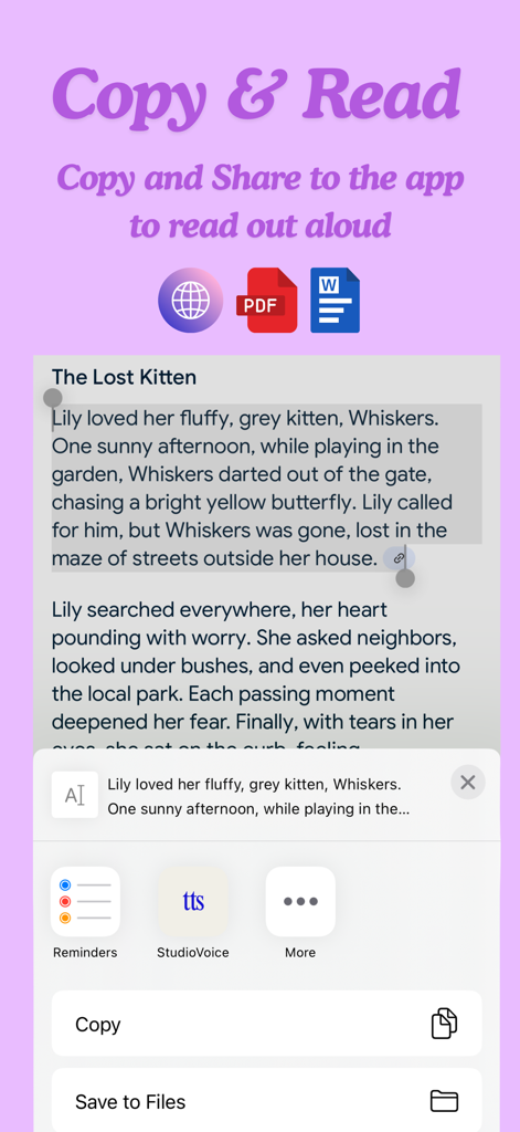 Text Reader: StudioVoice tts - Captura de pantalla de la aplicación StudioVoice mostrando cómo copiar y compartir texto de un documento para que se lea en voz alta