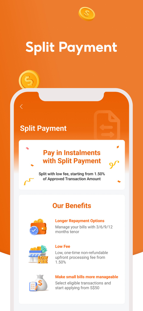 MariBank Singapore - MariBank App-Oberfläche, die Split-Payment-Optionen für die Ratenzahlung von Rechnungen mit niedrigen Gebühren anzeigt.