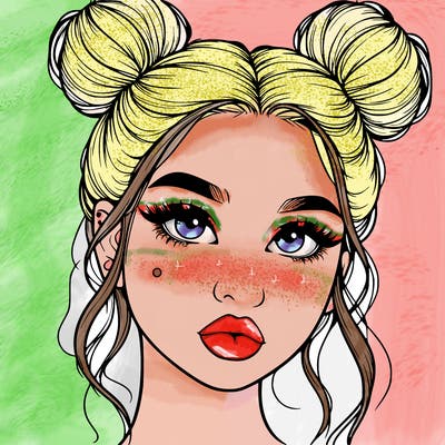 realistic girl with two buns on her hair and lips