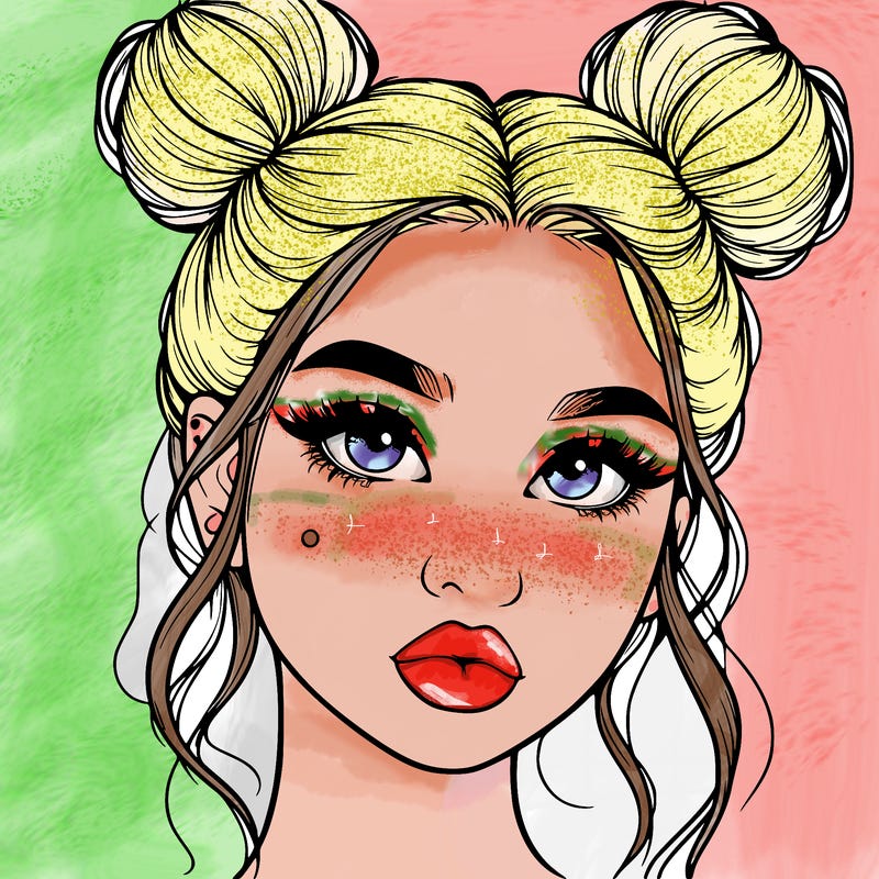 realistic girl with two buns on her hair and lips