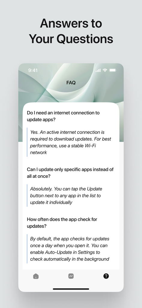 FAQ page with answers to common questions about updating apps on a smartphone