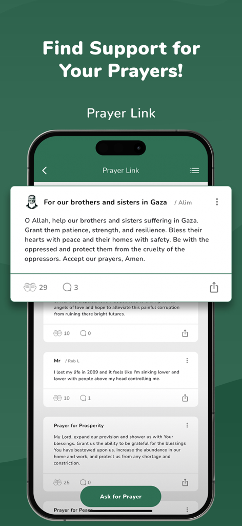 Alim: Islamic Guide, Azan, Dua - Alim app interface displaying the Prayer Link feature for community prayer support and requests.
