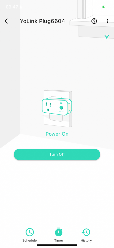 YoLink - Una interfaz móvil de la aplicación YoLink para controlar un enchufe inteligente que muestra el estado de encendido y las opciones de temporizador y historial.