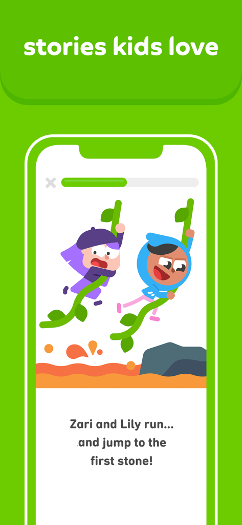 Interactive reading story in the Duolingo ABC app featuring cartoon characters Zari and Lily swinging on vines.