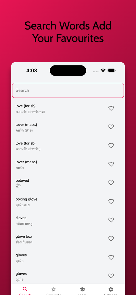 Search interface of the Thai Learning app showing English words and their Thai translations with options to favorite.