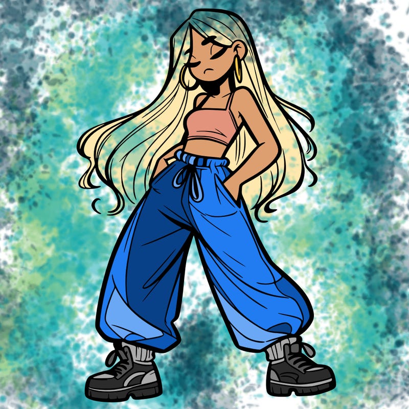 girl in baggy pants crop top and long hair