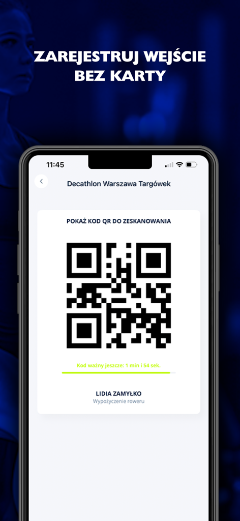 A smartphone screen displaying a QR code for cardless check-in at a fitness facility