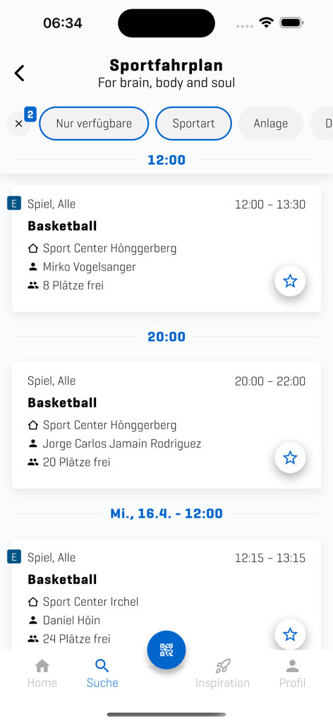 ASVZ - ASVZ app sports schedule screen displaying basketball class times and locations