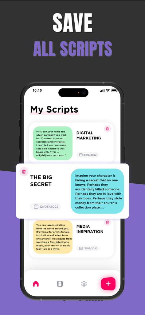 Interface showing multiple saved video scripts in the Teleprompter app