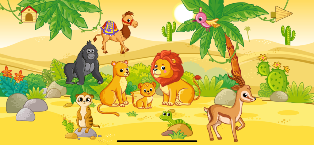 Baby animal games for kids - Educational cartoon game screen for toddlers showing desert animals like lions a gorilla and a camel.