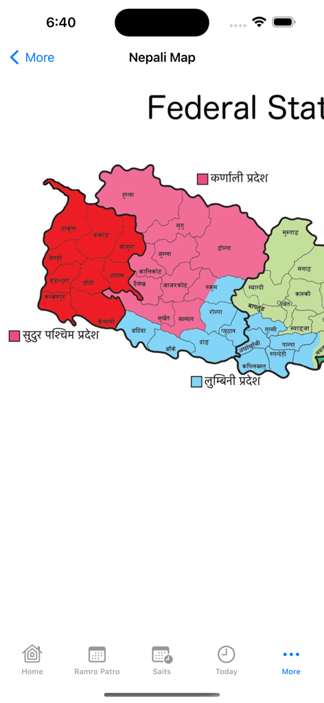 Nepali Calendar Ramro Patro - A map of Nepal showing different federal states and provinces within the Nepali Calendar Ramro Patro app interface
