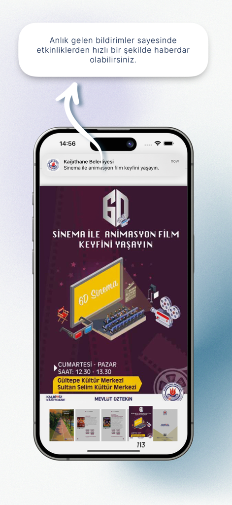 Dijital Kütüphane - A smartphone screen displaying a notification for a 6D cinema event from the Kağıthane Belediyesi Digital Library app.