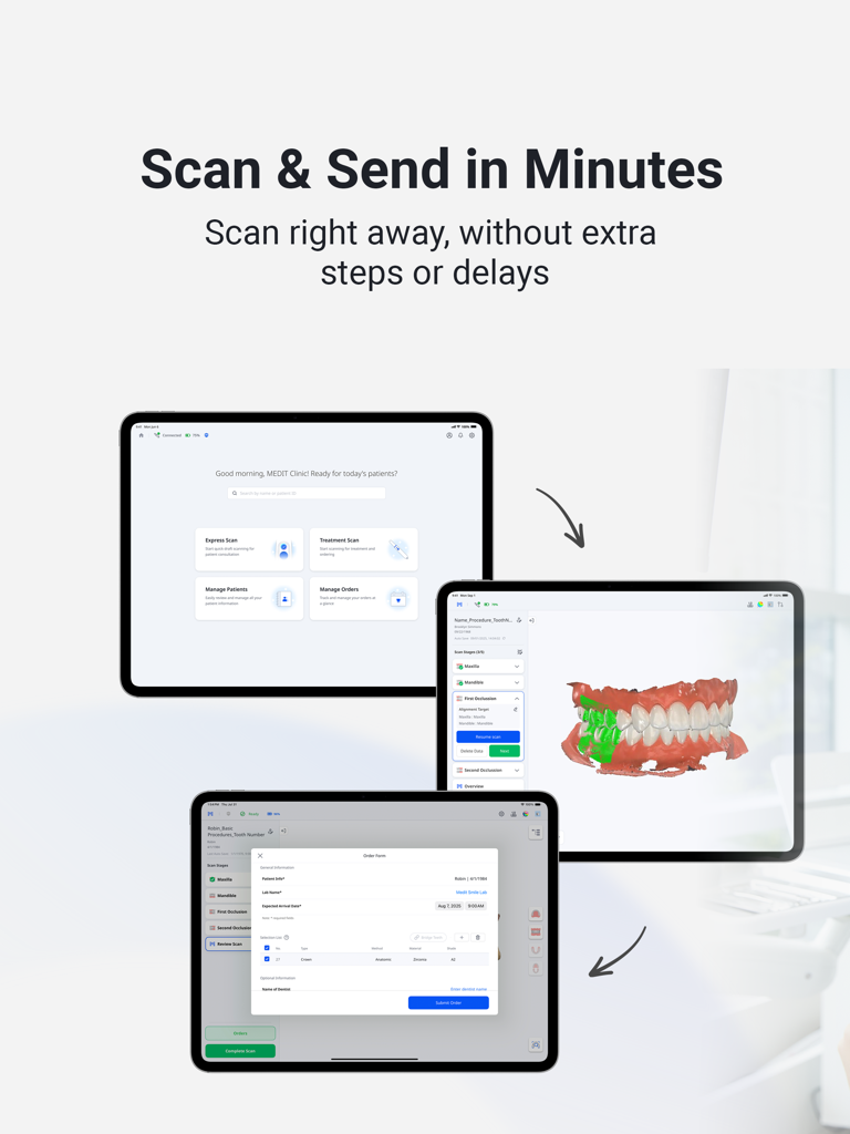 Medit Link Express app interface on three iPads showing a 3D dental scan, dashboard, and order form