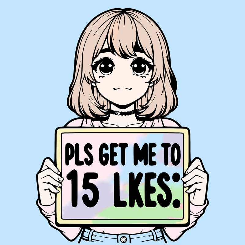 realistic girl holding up a sign that says “pls get me to 15 likes!”