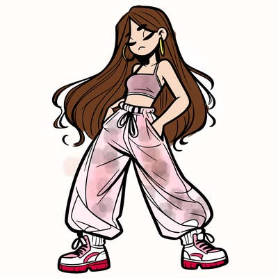girl in baggy pants crop top and long hair