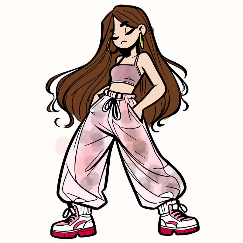 girl in baggy pants crop top and long hair