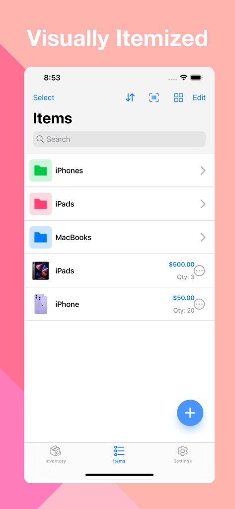 Inventory Easy - Stock Tracker - Mobile app interface showing stock items organized by folders and photos with quantity and price tracking