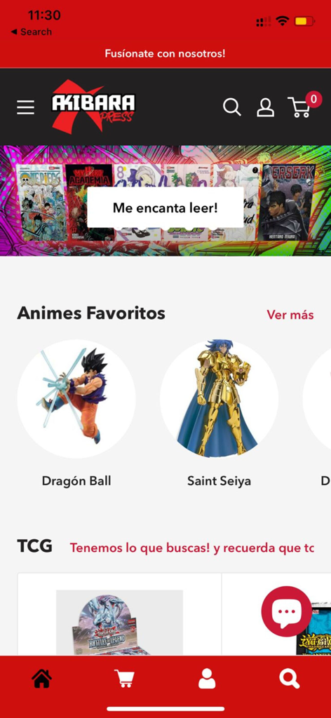 Akibara Xpress - Pantalla de inicio de la aplicación Akibara Xpress que muestra figuras de anime de Dragon Ball y Saint Seiya junto a manga y tarjetas de intercambio.