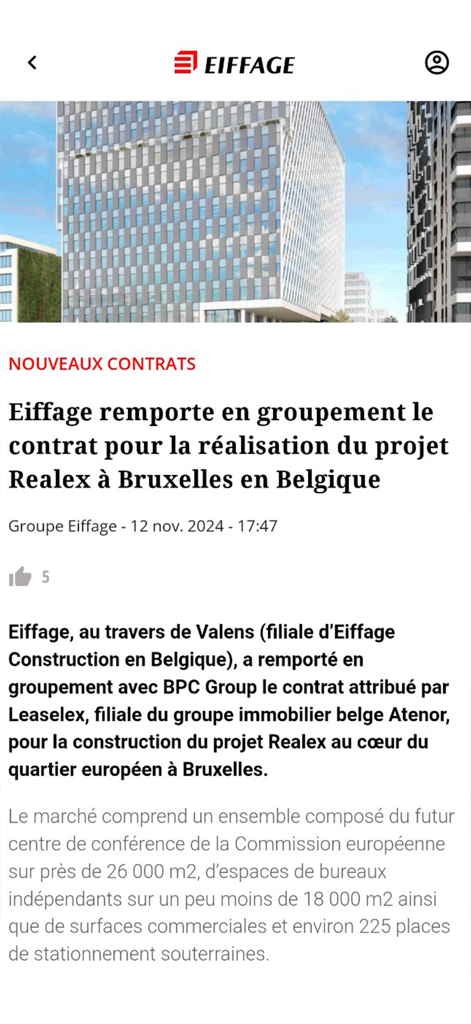 A news article on the Eiffage app about a new contract for the Realex project in Brussels
