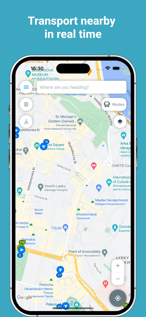Mobile interface of Eway public transport app showing live vehicle locations and routes on a city map.