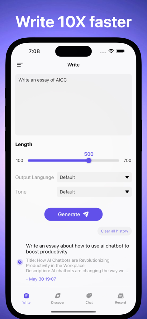 AI Sonic - Chat & Write Bot - Interfaz de la aplicación AI Sonic que muestra la función Escribir con una indicación de ensayo y un control deslizante de longitud en un iPhone.