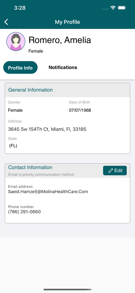 My Molina - メンバーの詳細を表示するMy Molinaモバイルアプリのプロフィール情報画面