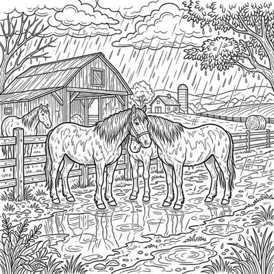 Capture the serene beauty of farm life with this delightful coloring page featuring sturdy farm horses on a rainy day. Bring this detailed rural scene to life with your favorite colors.