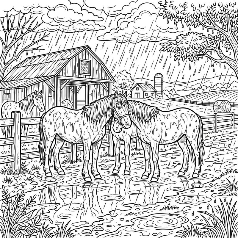 Capture the serene beauty of farm life with this delightful coloring page featuring sturdy farm horses on a rainy day. Bring this detailed rural scene to life with your favorite colors.