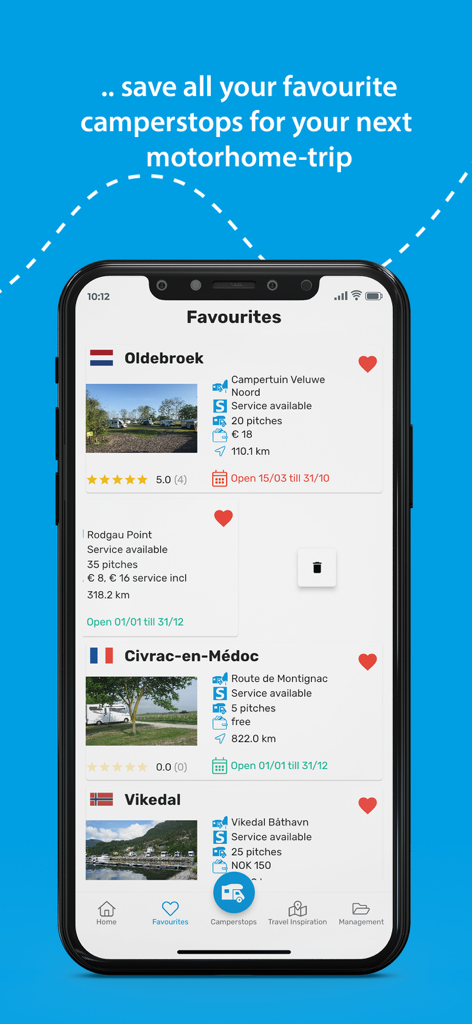 Favourites screen in the Camperstop app showing a list of saved motorhome stopovers in Europe