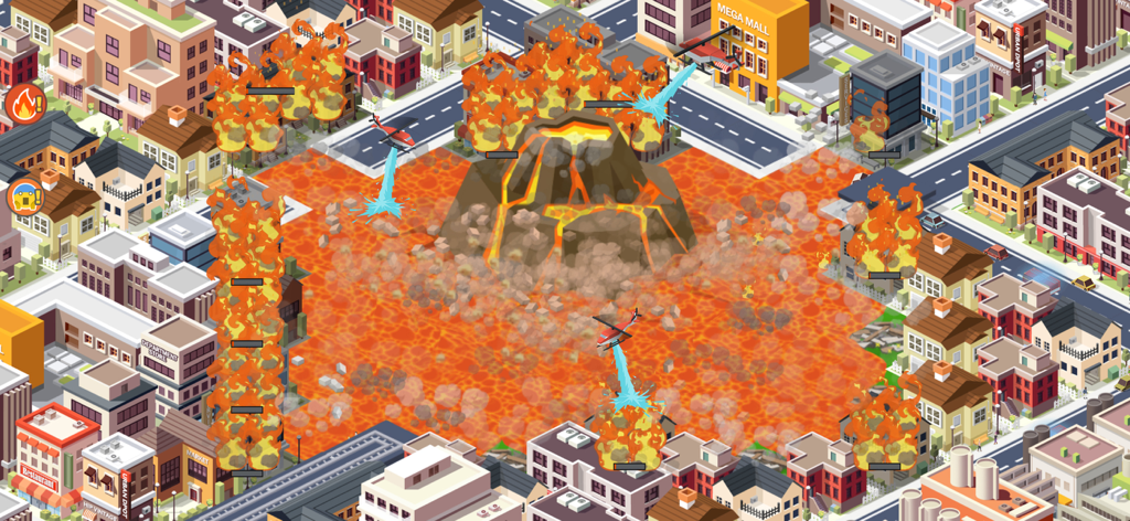 Una erupción volcánica en City Craft Building Sim con helicópteros luchando contra incendios en un área metropolitana.