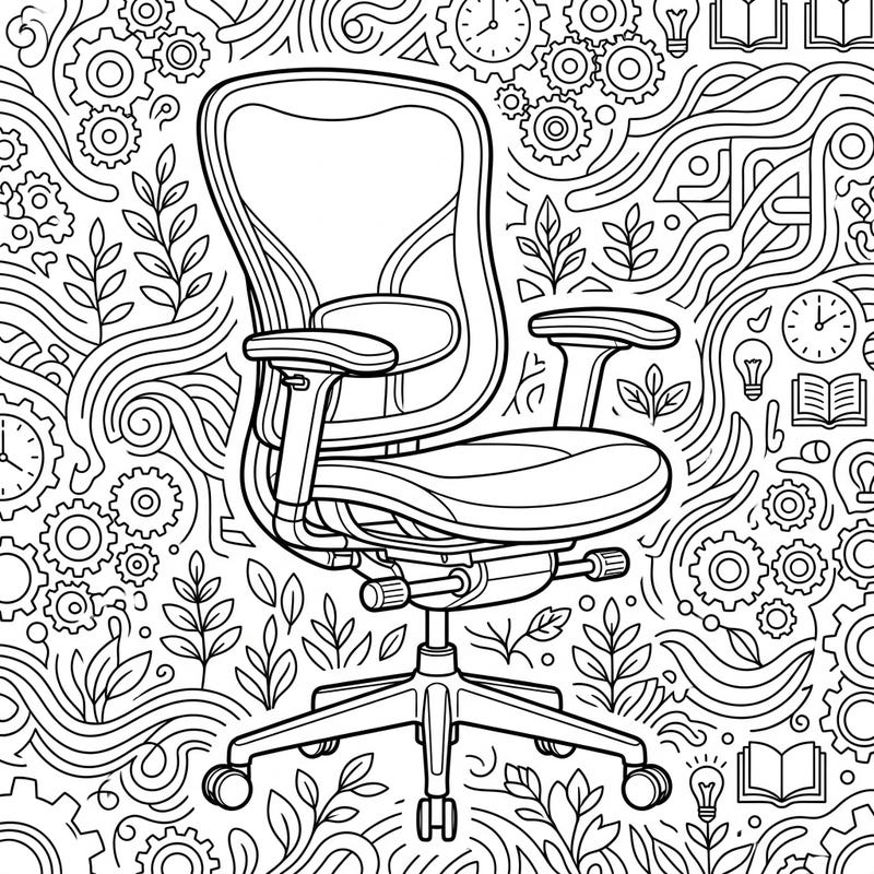 Dive into the intricate world of productivity with this detailed ergonomic office chair coloring page. Explore the mechanics of comfort and focus as you bring this essential workspace item to life with your favorite colors.