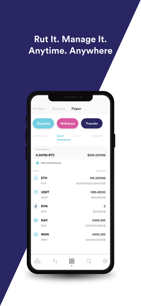 Mobile dashboard of CryptoHero app displaying a paper trading account portfolio with various cryptocurrencies