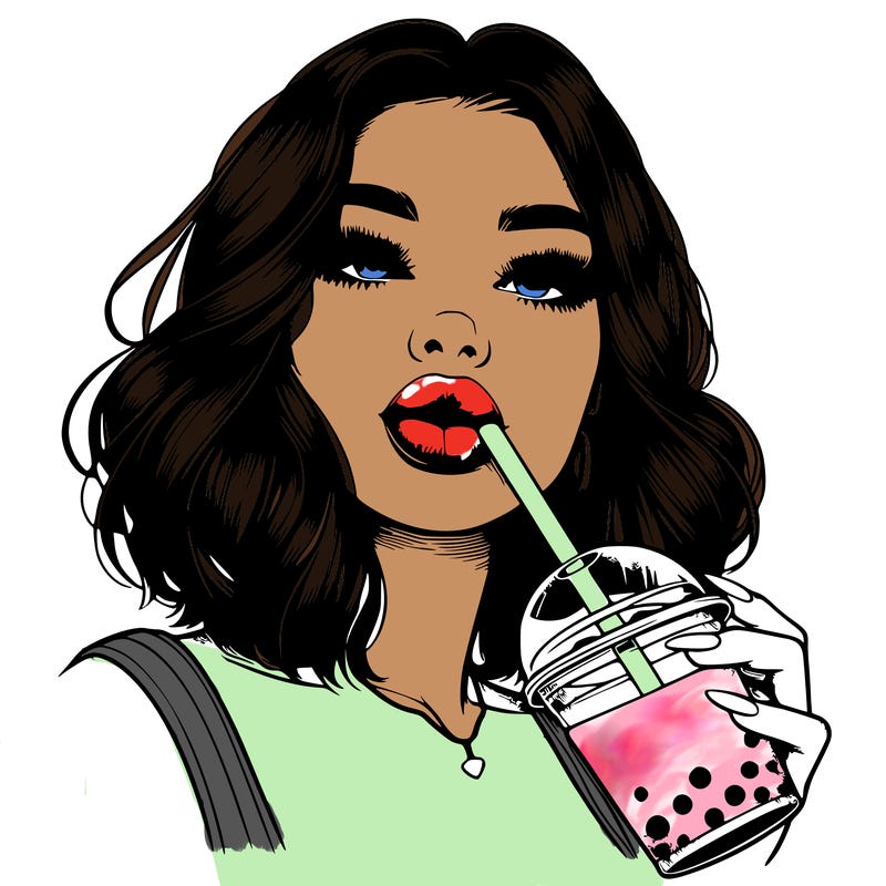 realistic girl with glossy lips holding boba
