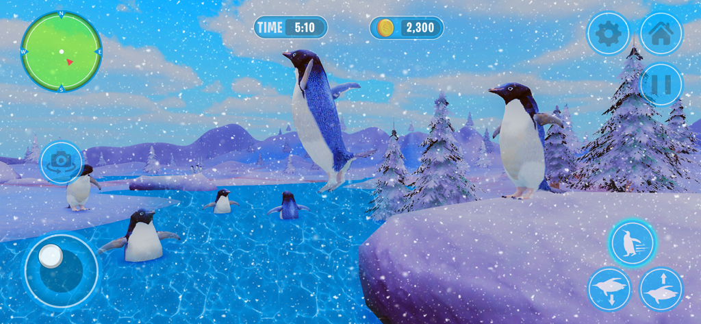 Penguin Bird Simulator 3D - A group of penguins swimming and jumping in a snowy 3D arctic environment with game UI controls
