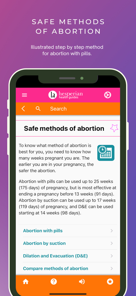 Safe Abortion (SA) - Mobile app interface displaying information on safe abortion methods including pills suction and D&E based on pregnancy weeks