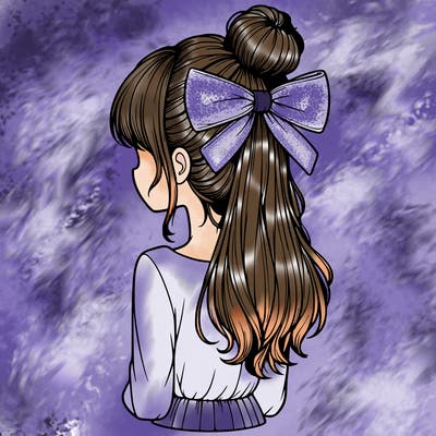 realistic girl  with hip length hair a bun and a big bow on the back of head