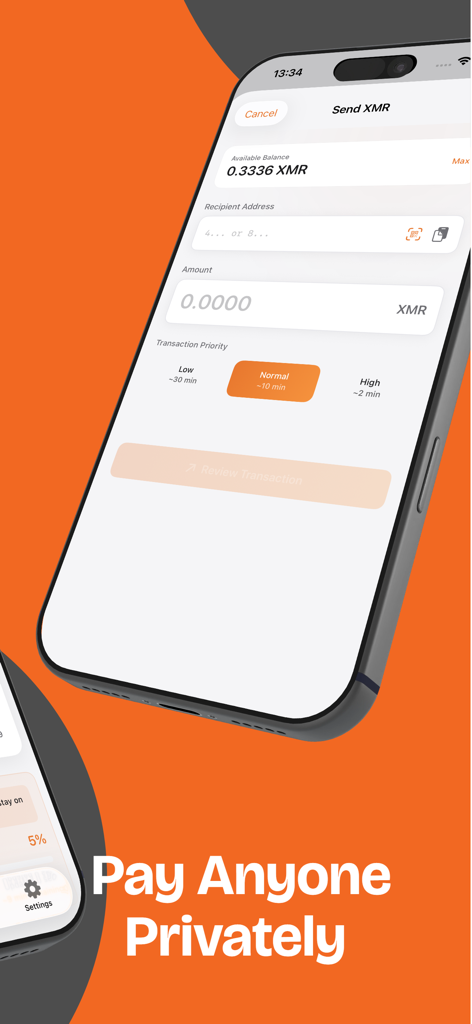 Interface do aplicativo Carteira Monero mostrando a tela Enviar XMR com campos para endereço do destinatário, valor e prioridade da transação.