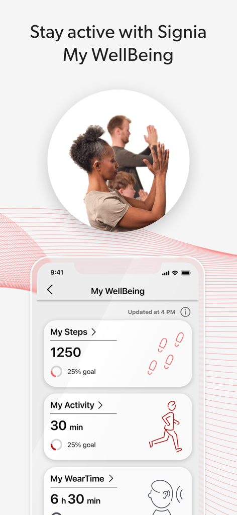 Signia app wellbeing dashboard tracking activity and hearing aid use