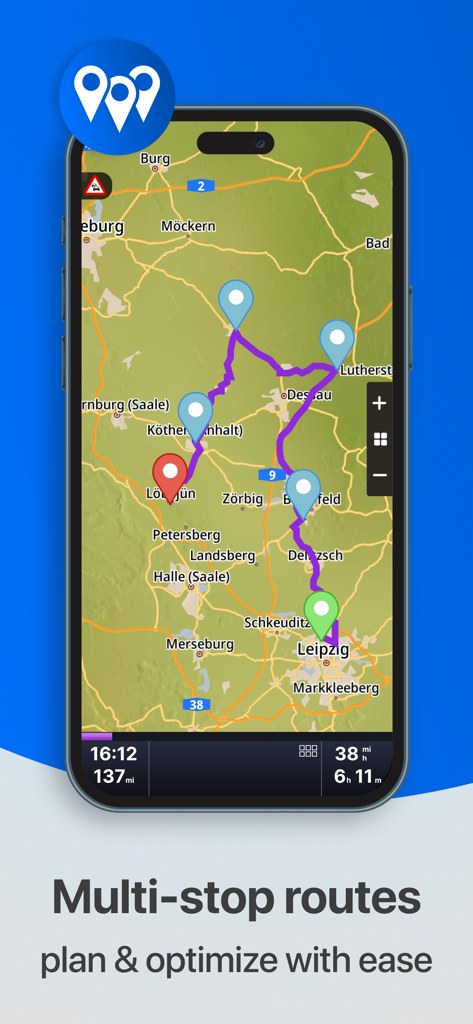 Sygic Truck & RV Navigation - Sygic Truck und RV Navigation App zeigt eine Multi-Stop-Routenoptimierung auf einer Karte an