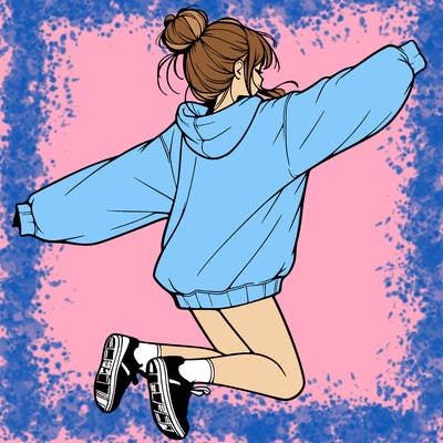 realistic girl jumping with a bun and oversized sweatshirt