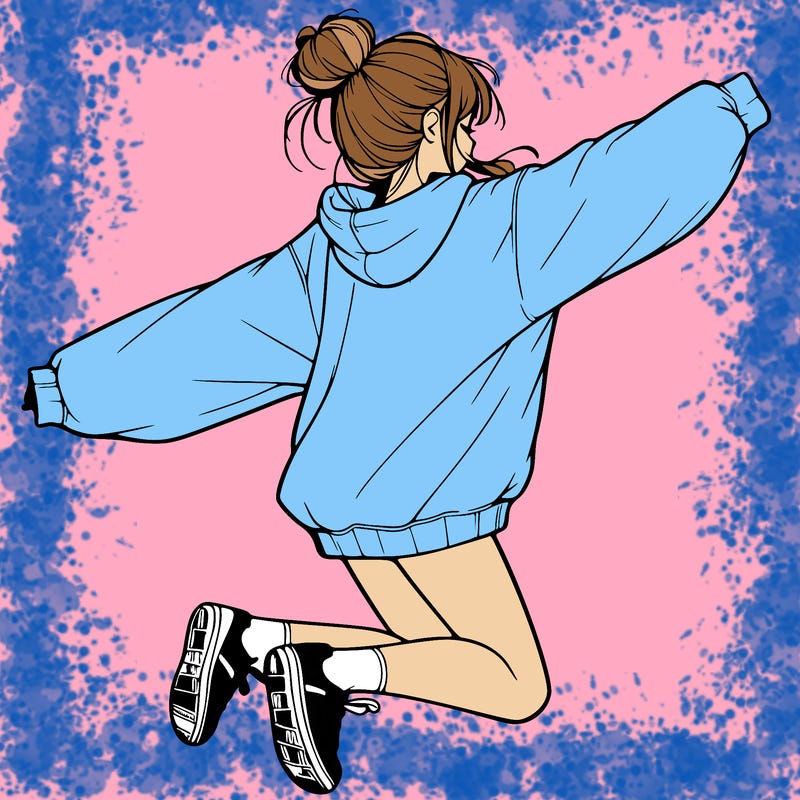 realistic girl jumping with a bun and oversized sweatshirt