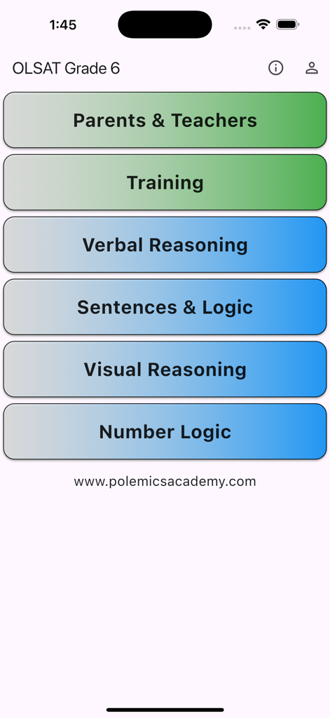Schermata principale dell'app OLSAT per la 6a elementare che mostra pulsanti per allenare il ragionamento verbale, il ragionamento visivo e la logica numerica