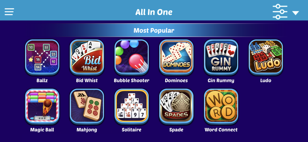 솔리테어, 루도, 워드 커넥트와 같은 인기 클래식 게임 컬렉션이 오프라인 모바일 앱 메뉴에 표시됨