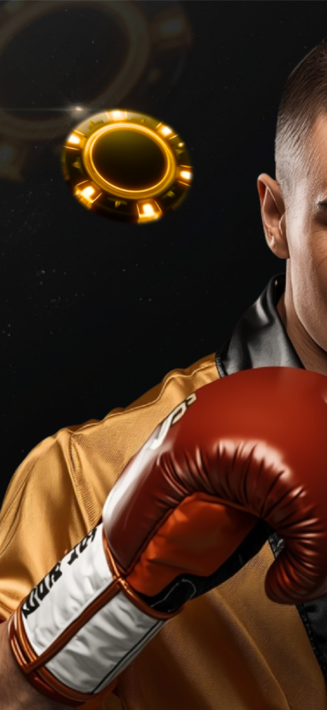 A close up of a boxer wearing a gold robe and red boxing gloves with glowing golden chips floating in the background